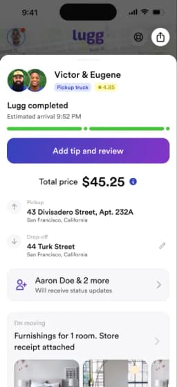 Lugg app vehicle selection screen