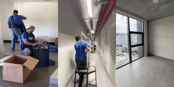 Image 1 (Left): Lugg mover wraps furniture and packs boxes. | Image 2 (Middle): Movers wheel items down a hallway. |  Image 3 (Right): Clean, empt apartment with large windows post-move-out.