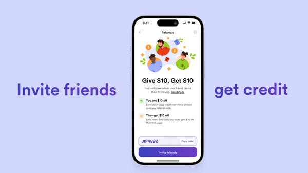 Screenshot of Lugg referral screen inside the app, showing give $10 get $10 credit offer