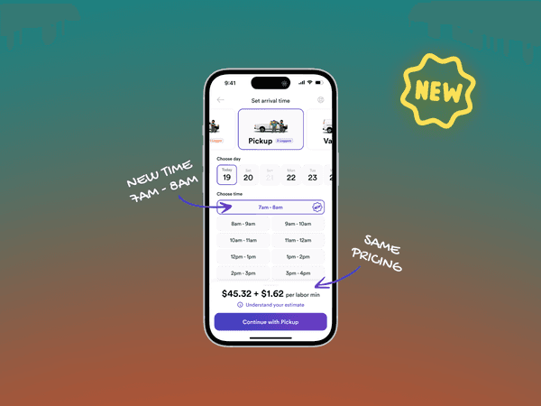 A visual of how to book a move with a 7:00–8:00am arrival window in the Lugg app.
