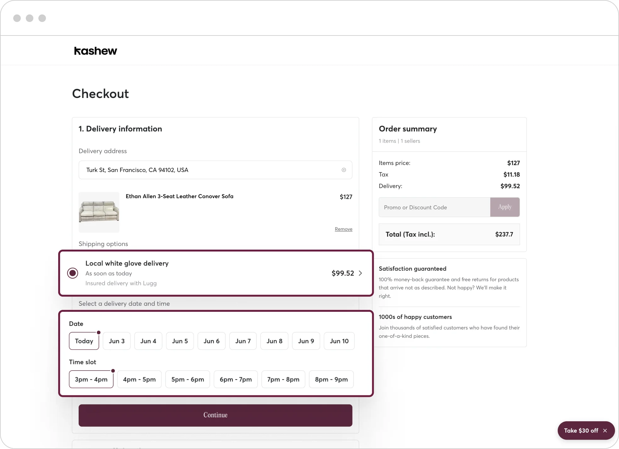 Online checkout offering local white glove delivery by Lugg with date and time slots
