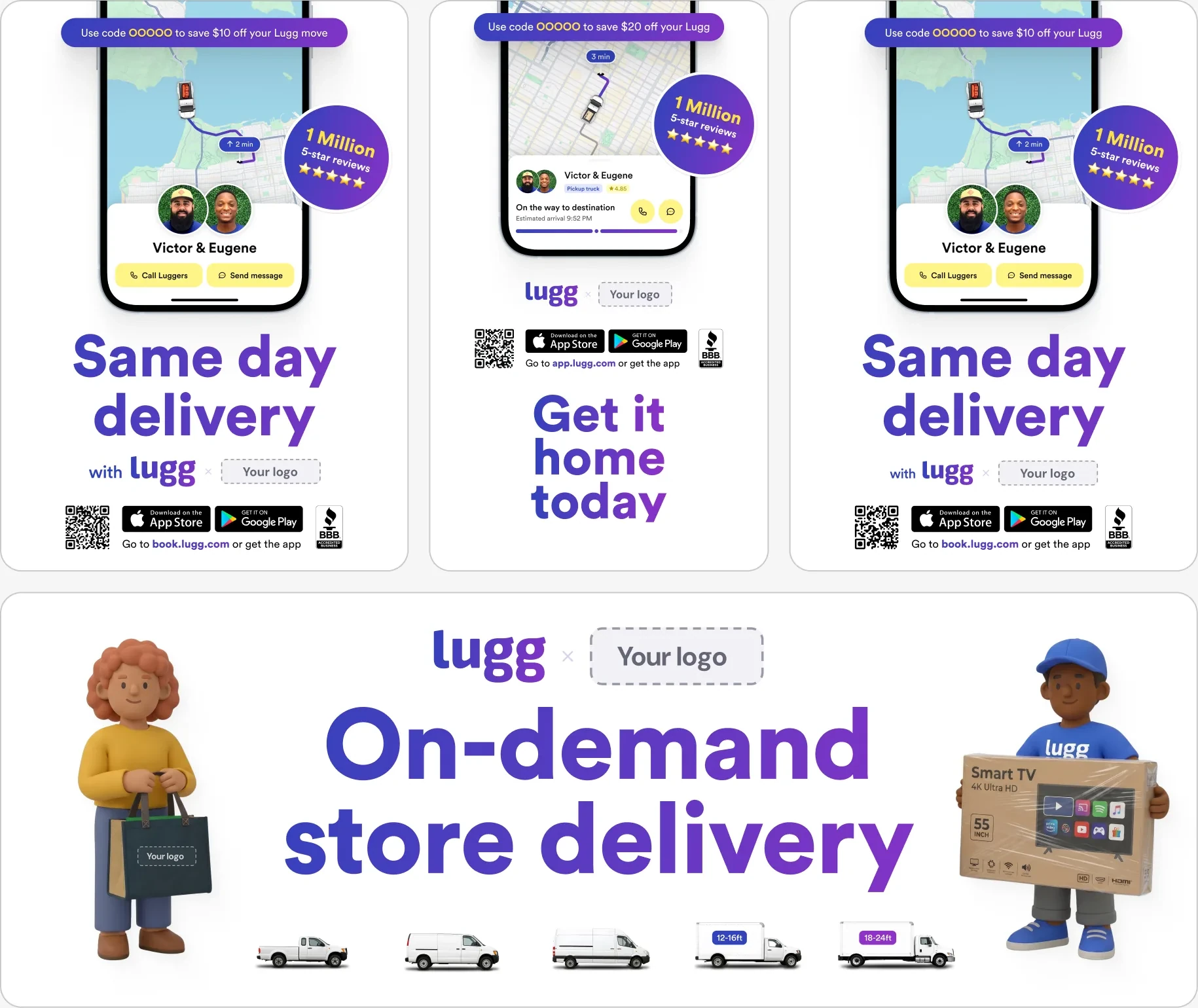 Co-branded Lugg flyers and a store banner with QR codes for same-day delivery