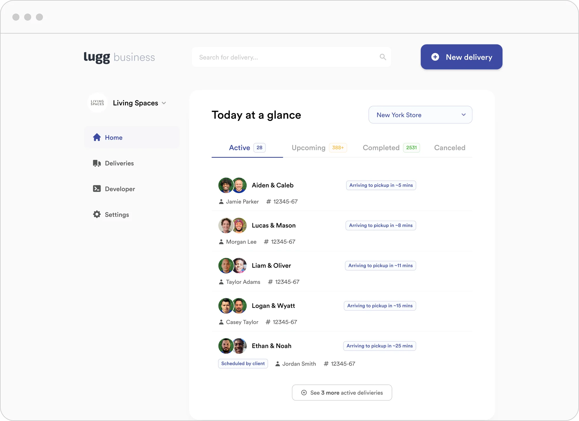 Lugg business dashboard listing active deliveries with crew names and pickup times