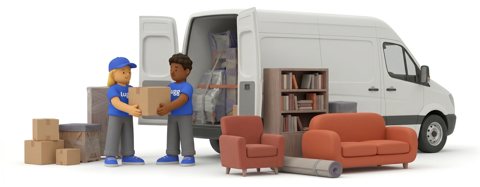 A two-person Lugg crew handing a box into their van