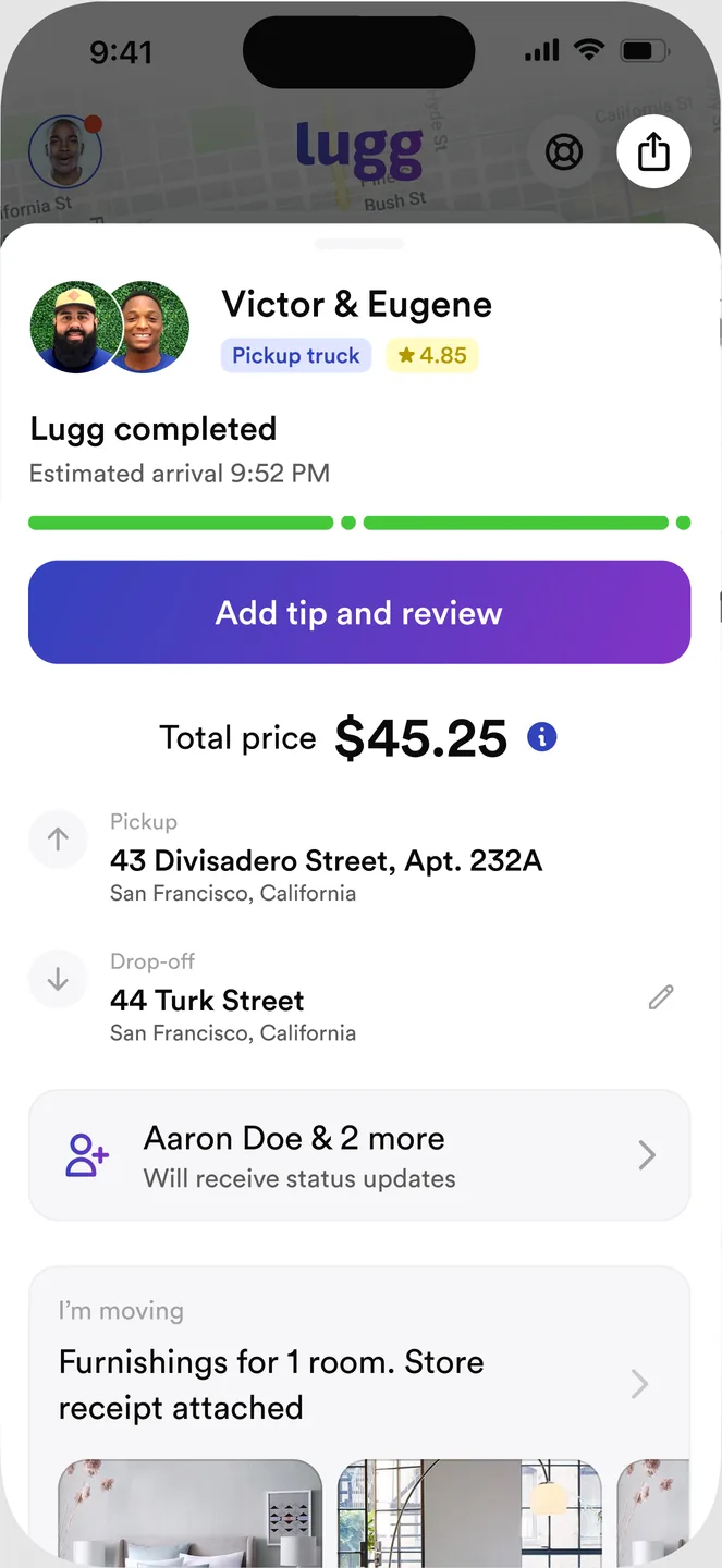 Lugg app vehicle selection screen