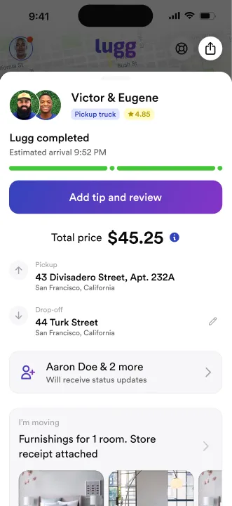 Lugg app vehicle selection screen