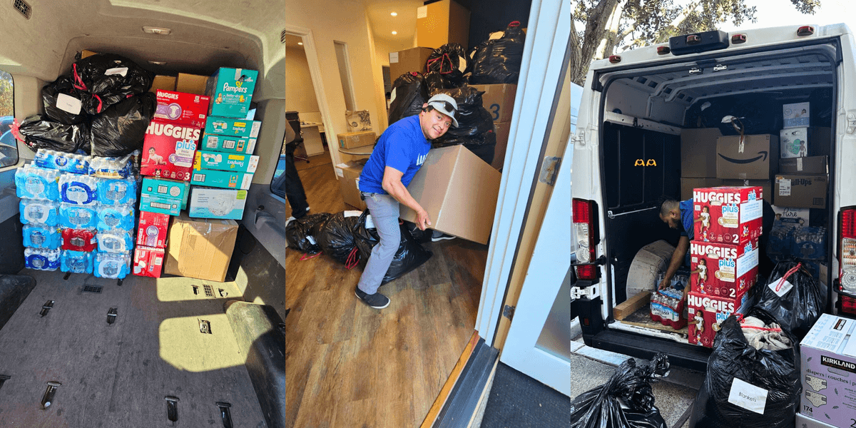Three-panel image showing Lugg crews loading and delivering essential supplies—water, diapers, and packed bags—for wildfire relief in Los Angeles.