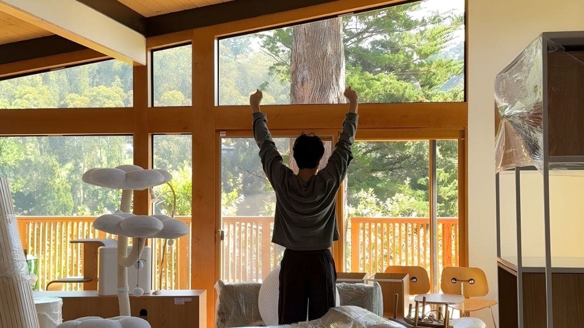 Person raising their arms in celebration in a sunlit new apartment with wrapped furniture and moving boxes still being unpacked