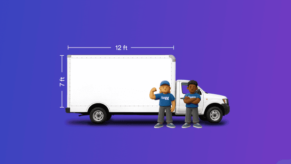 Lugg Box 12-foot by 7-foot box truck with two professional Lugg movers standing in front, demonstrating the standard truck dimensions for Lugg’s same-day moving service.