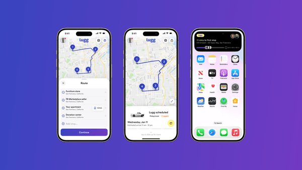 Three iPhone screens showing Lugg’s new Multiple Stops flow: adding several stops, viewing the optimized route on the map, and seeing live trip info in the Dynamic Island.