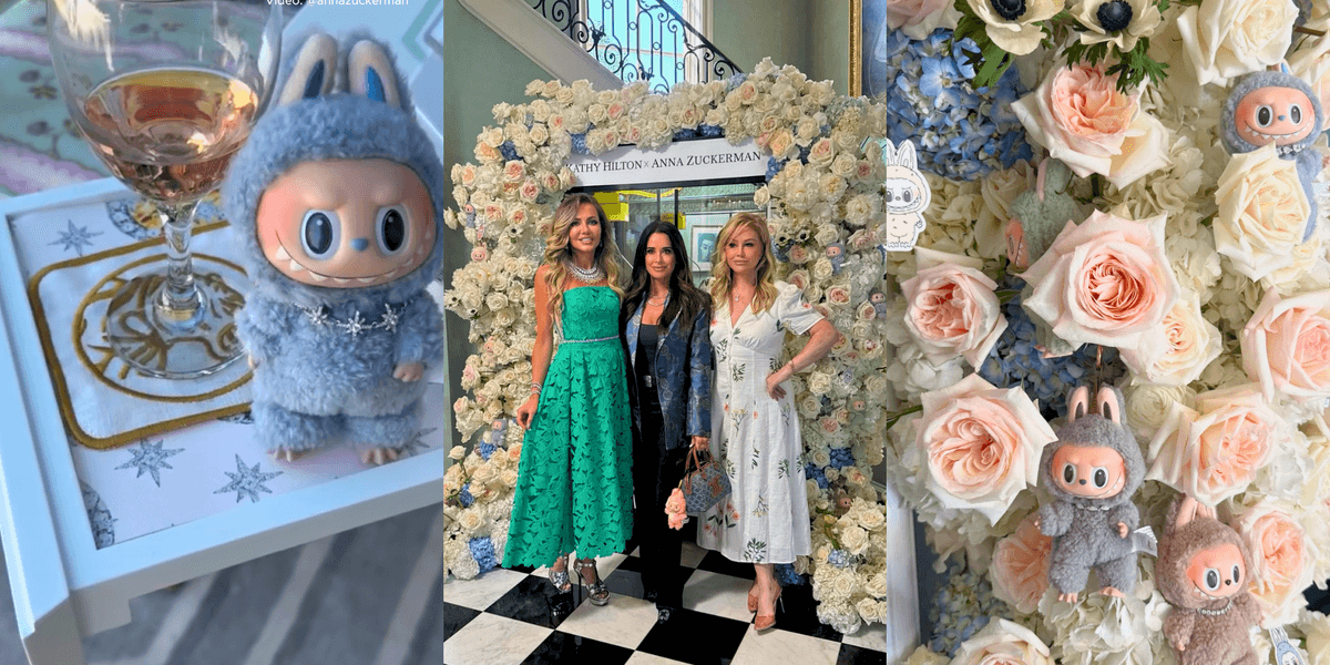 1) a Labubu wearing diamond jewelry 2) Anna Zuckerman, Kyle Richards, and Kathy Hilton posing in front of the claw machine 3) a rose arch decorated with Labubu plush toys.