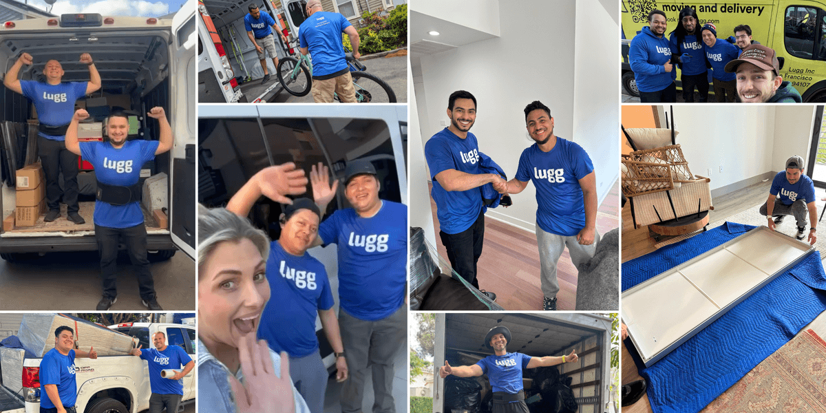 Collage of Lugg movers assisting with various jobs, including furniture delivery, moving day setups, and customer interactions, highlighting our BBB-accredited service.