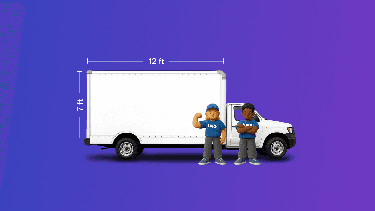 Lugg Box 12-foot by 7-foot box truck with two professional Lugg movers standing in front, demonstrating the standard truck dimensions for Lugg’s same-day moving service.