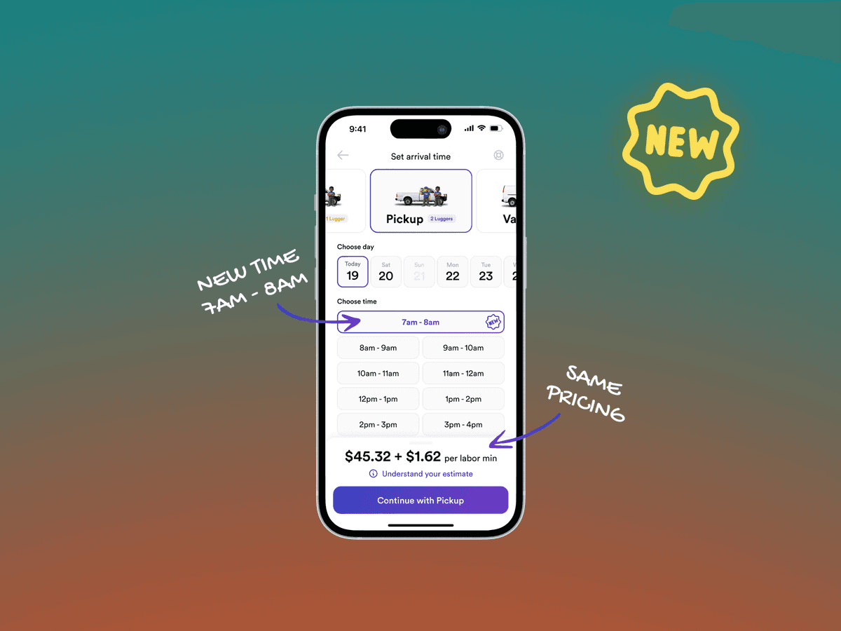 A visual of how to book a move with a 7:00–8:00am arrival window in the Lugg app.