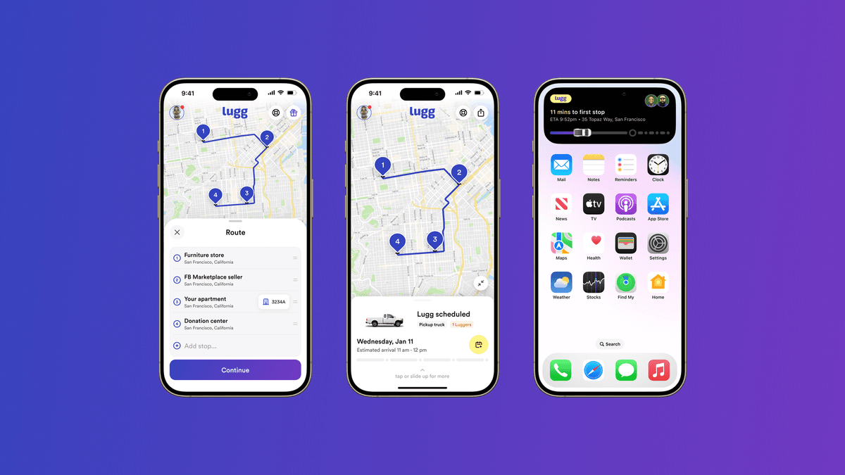 Three iPhone screens showing Lugg’s new Multiple Stops flow: adding several stops, viewing the optimized route on the map, and seeing live trip info in the Dynamic Island.