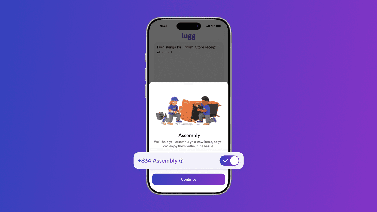 The Lugg app showing the furniture assembly add-on toggled on for a store delivery, with two Lugg movers building a new sofa