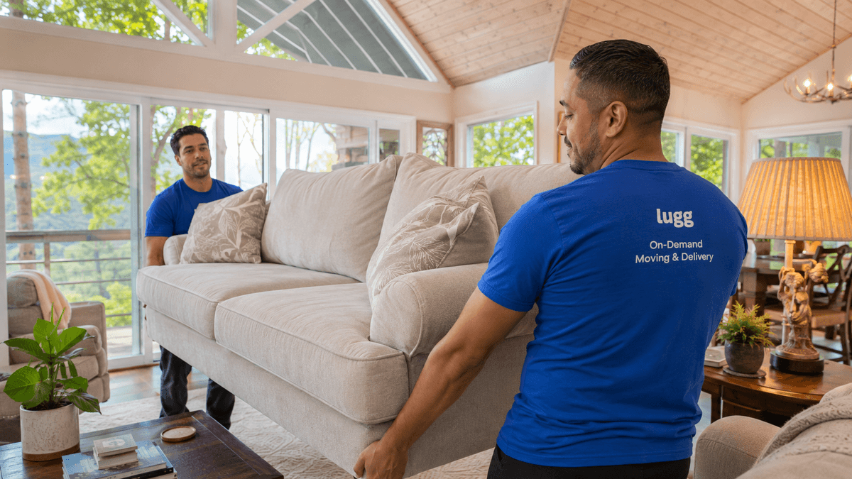 Two Lugg movers carrying a light gray sofa into a sunlit living room after a 4th of July furniture sale delivery