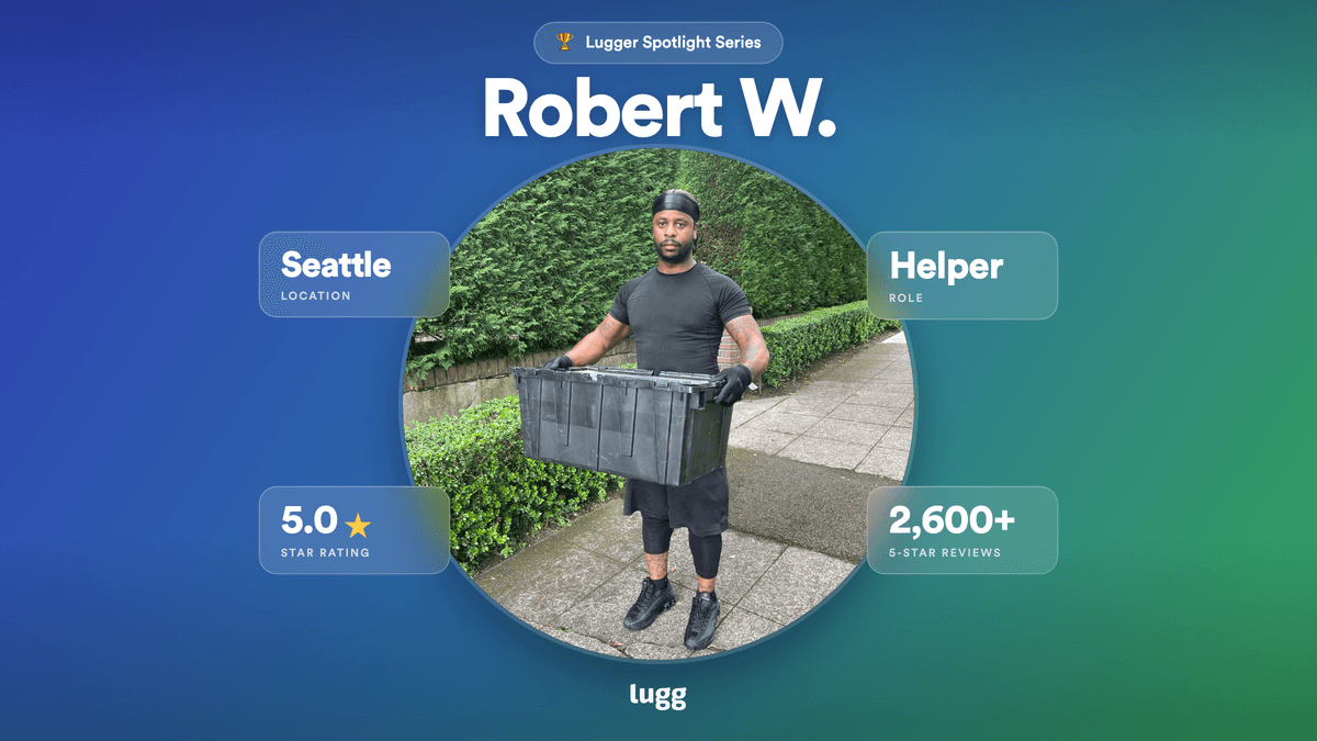 Robert W., a five-star Lugg helper in Seattle, holds a black moving tote on a sidewalk — Lugger Spotlight Series graphic.