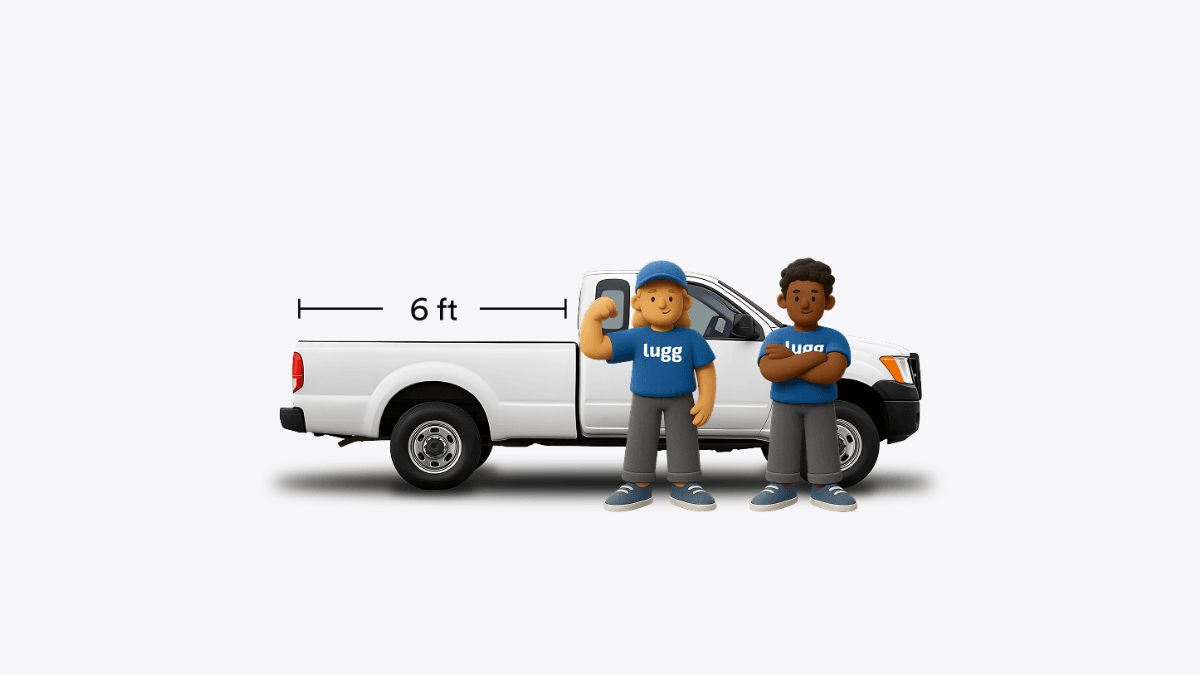 Illustration of a pickup truck with a 6-foot cargo bed, the minimum that qualifies to drive for Lugg, with two Lugg movers standing beside it.