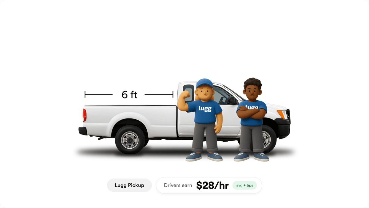 Illustration of a pickup truck with a 6-foot cargo bed, the minimum that qualifies to drive for Lugg, with two Lugg movers standing beside it.