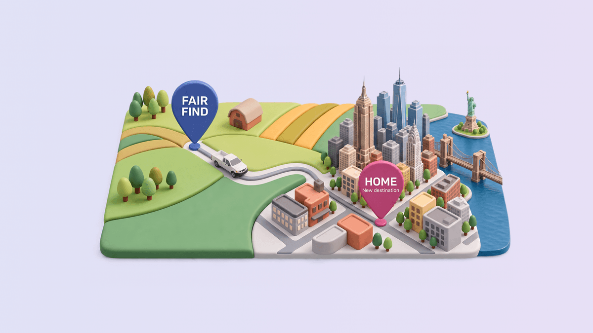 Illustrated map of a white pickup truck driving from a blue pin marked Fair Find in the countryside to a pink pin marked Home in New York City.