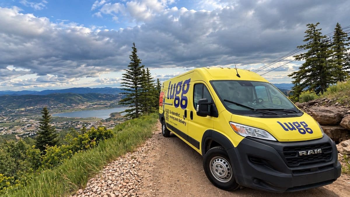 Yellow Lugg-branded cargo van parked on a gravel mountain road above a reservoir and a valley town, with mountain ranges and heavy cloud beyond.