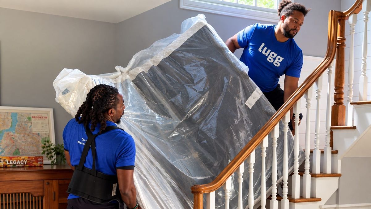 Two movers carry a wrapped mattress down a staircase inside a home.