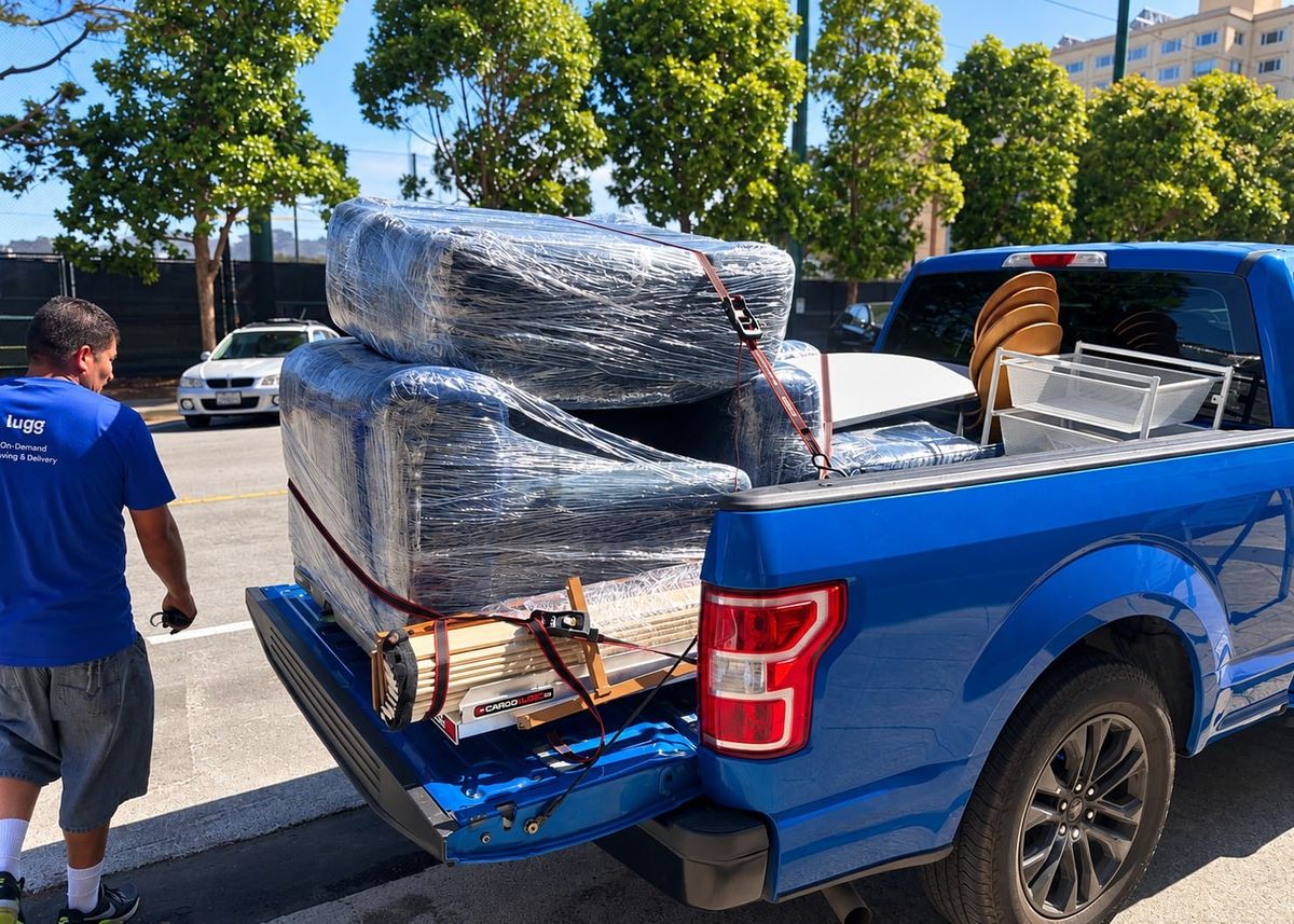 A Lugger walks beside a pickup truck with a plastic-wrapped sofa strapped into the bed.
