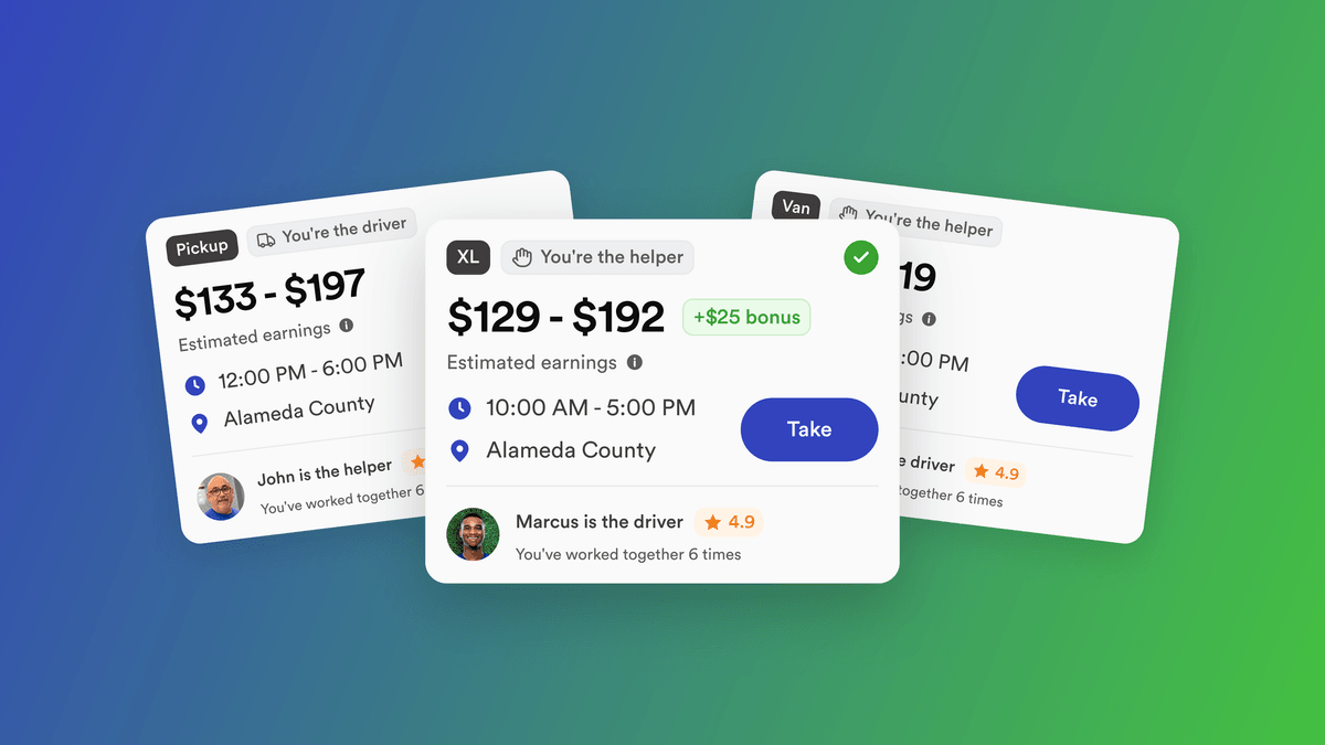 Lugg Mover app slot cards for Pickup, XL and Van slots, showing driver and helper roles, arrival windows, estimated earnings and a Take button, with one flexible helper slot selected.