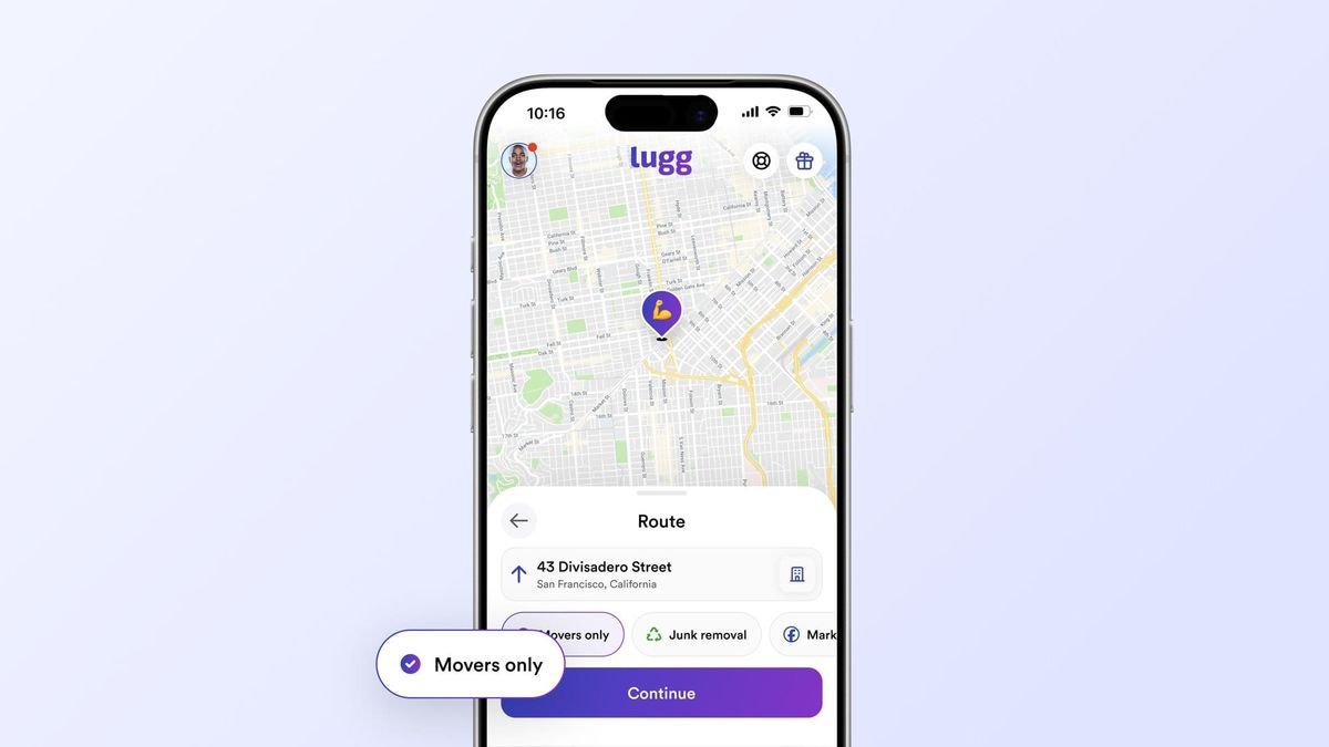 Lugg app Route screen with the Movers only option selected for a single address.