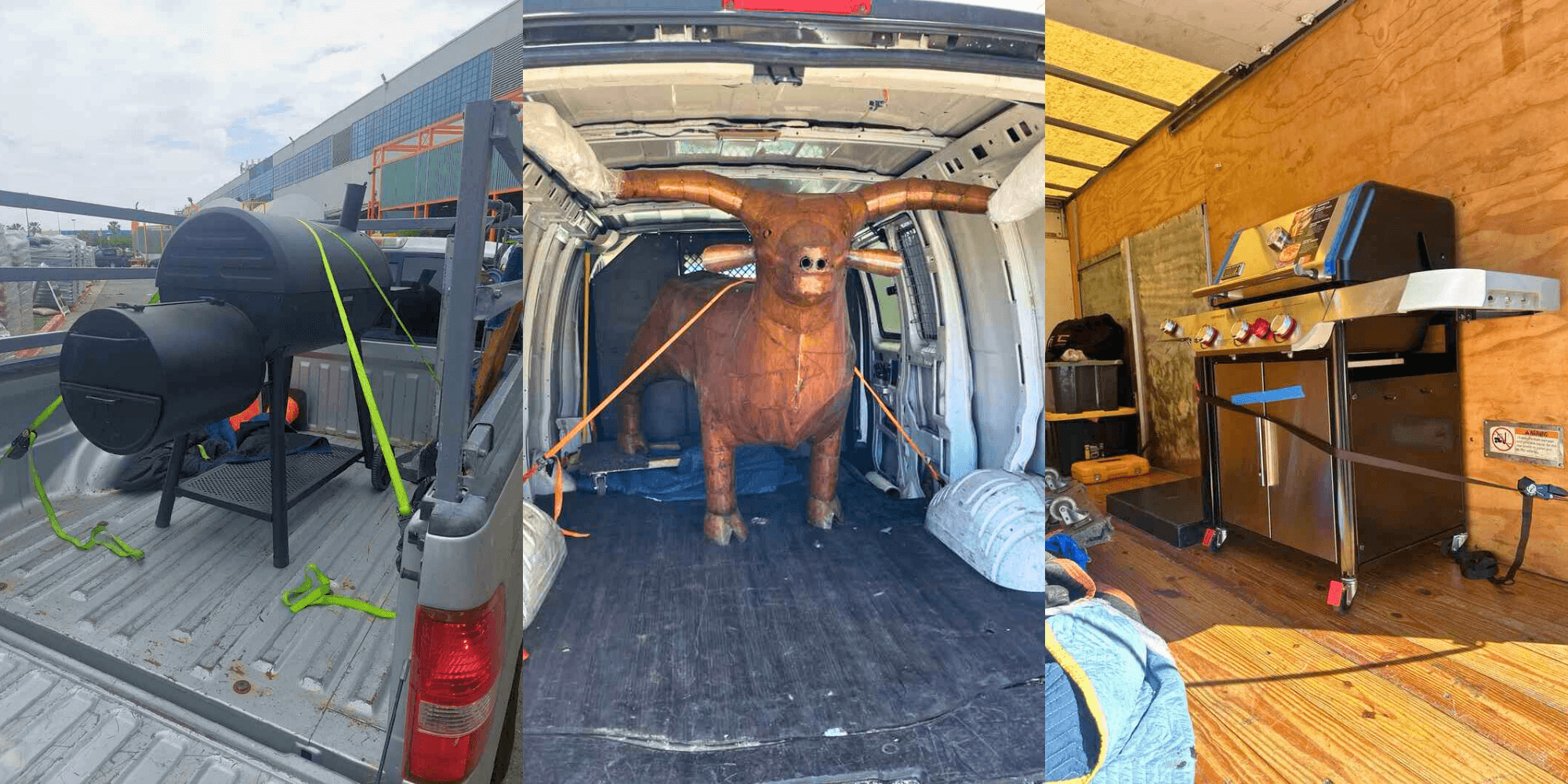 Three different grills loaded in Lugg moving trucks, including one shaped like a large copper bull, showing the range of grill deliveries handled by Lugg.