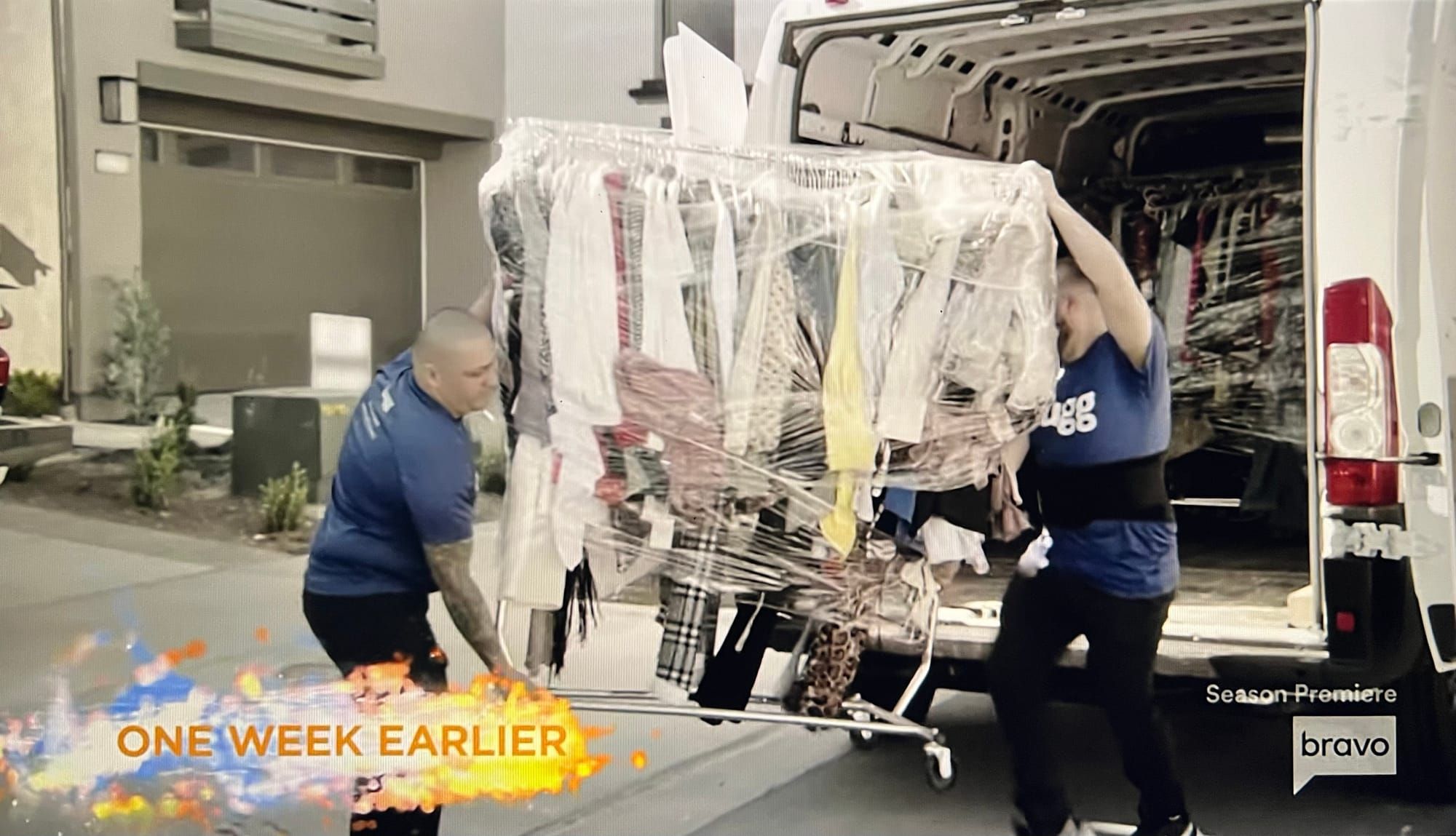 Two Lugg movers carry Gina Kirschenheiter’s clothing rack (wrapped for safe transport) out of a Lugg moving van during her move on The Real Housewives of Orange County Season 19 premiere.