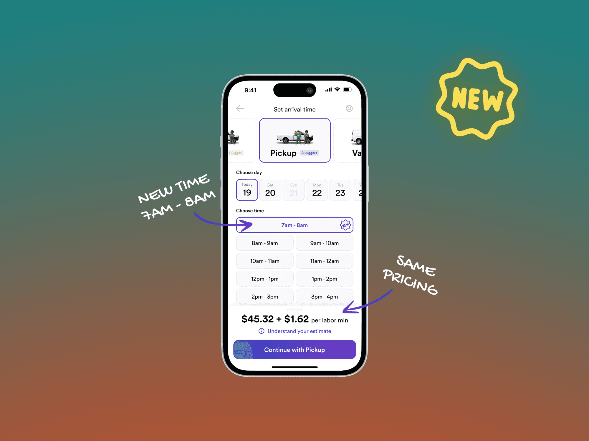 A visual of how to book a move with a 7:00–8:00am arrival window in the Lugg app.