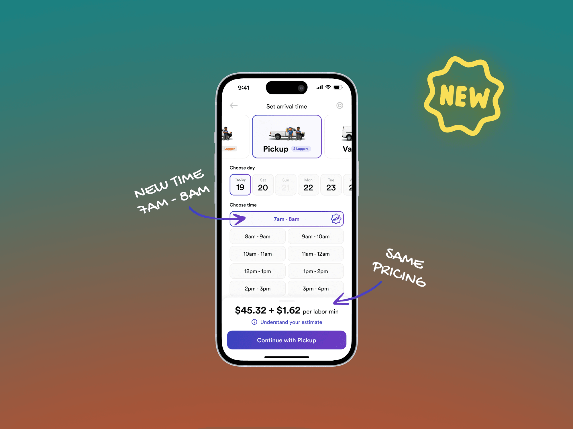 A visual of how to book a move with a 7:00–8:00am arrival window in the Lugg app.