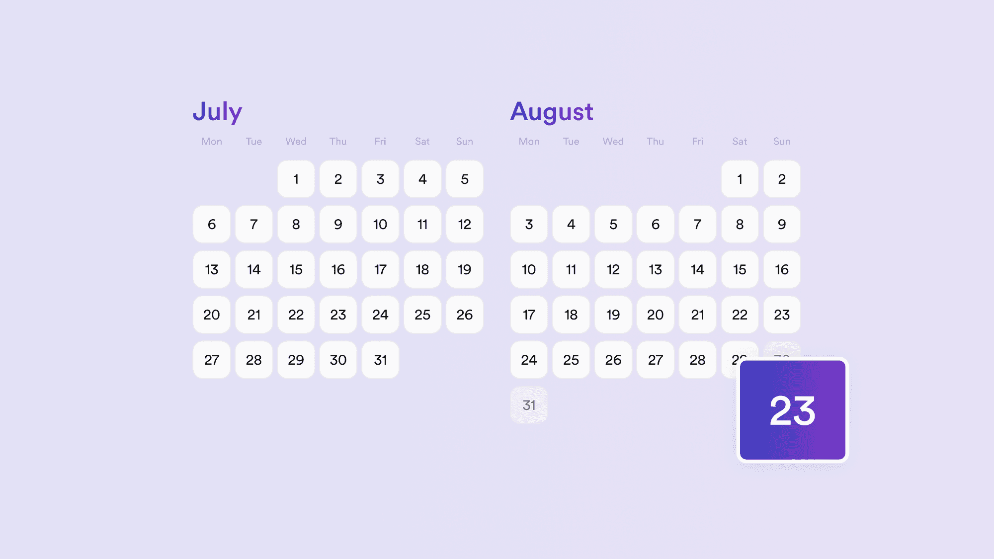 A two-month calendar — July and August — with the date August 23 lifting out of the grid, illustrating Lugg's new 60-day advance booking window.