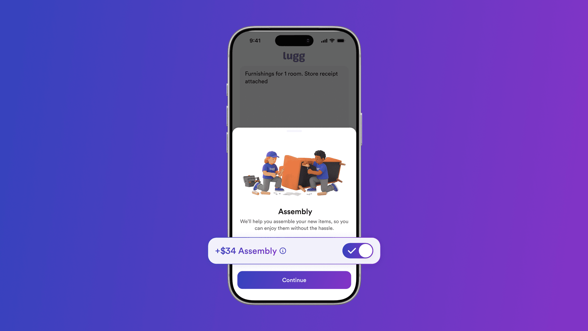 The Lugg app showing the furniture assembly add-on toggled on for a store delivery, with two Lugg movers building a new sofa