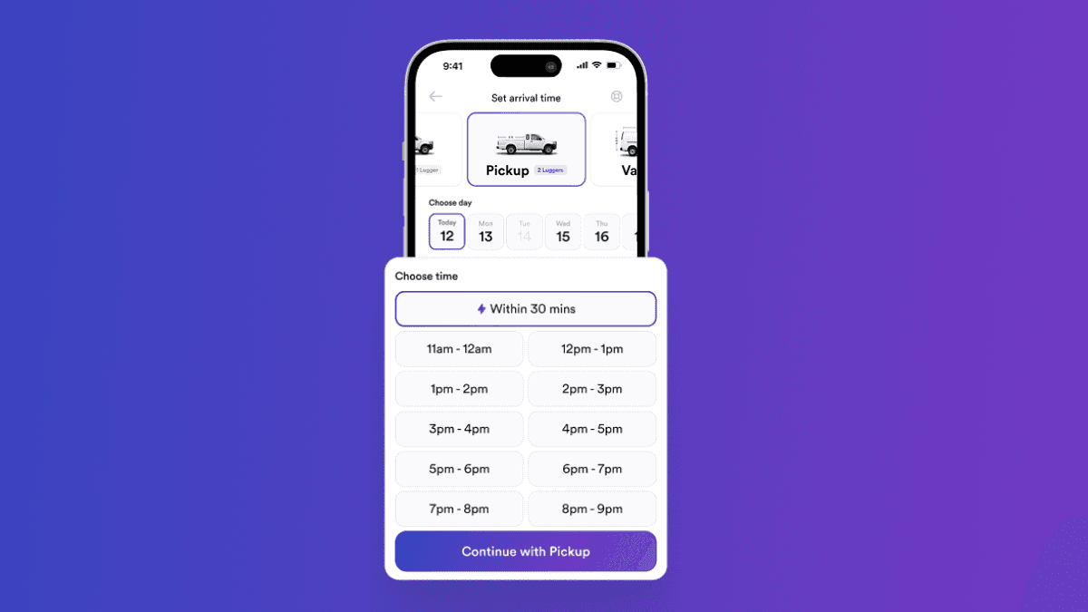 The Lugg app displaying how to book movers within 30 minutes.