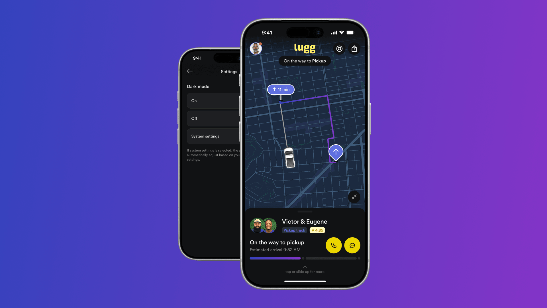 Two iPhones showing the Lugg app in dark mode: a dark live-tracking map with movers en route to pickup and the Dark mode settings screen.