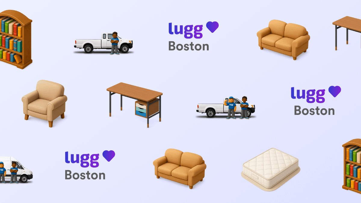 Lugg Boston hero with couches, an armchair, desk, bookshelves, and a mattress, plus Lugg movers with a pickup and van — buying furniture in Boston.