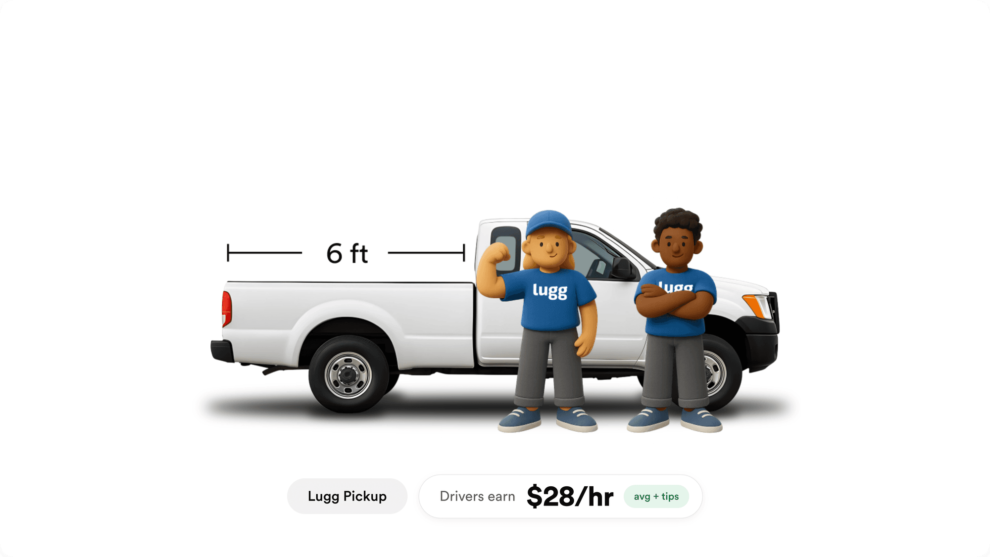 Illustration of a pickup truck with a 6-foot cargo bed, the minimum that qualifies to drive for Lugg, with two Lugg movers standing beside it.