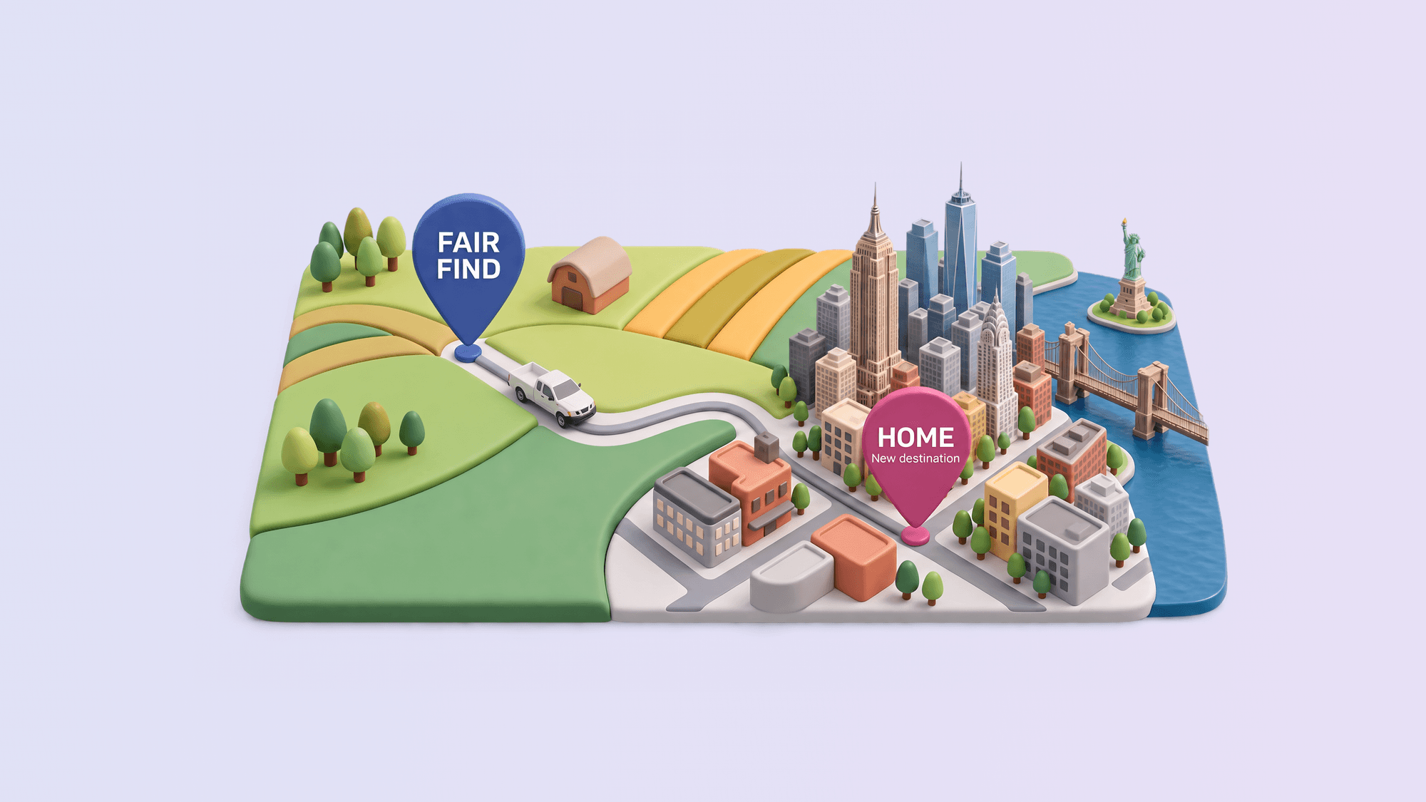 Illustrated map of a white pickup truck driving from a blue pin marked Fair Find in the countryside to a pink pin marked Home in New York City.