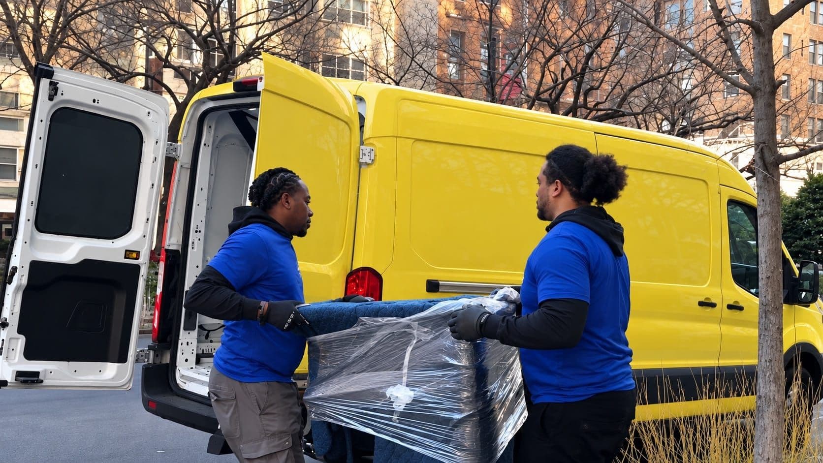 Two Lugg movers loading a plastic-wrapped table into a yellow Lugg van on a city street