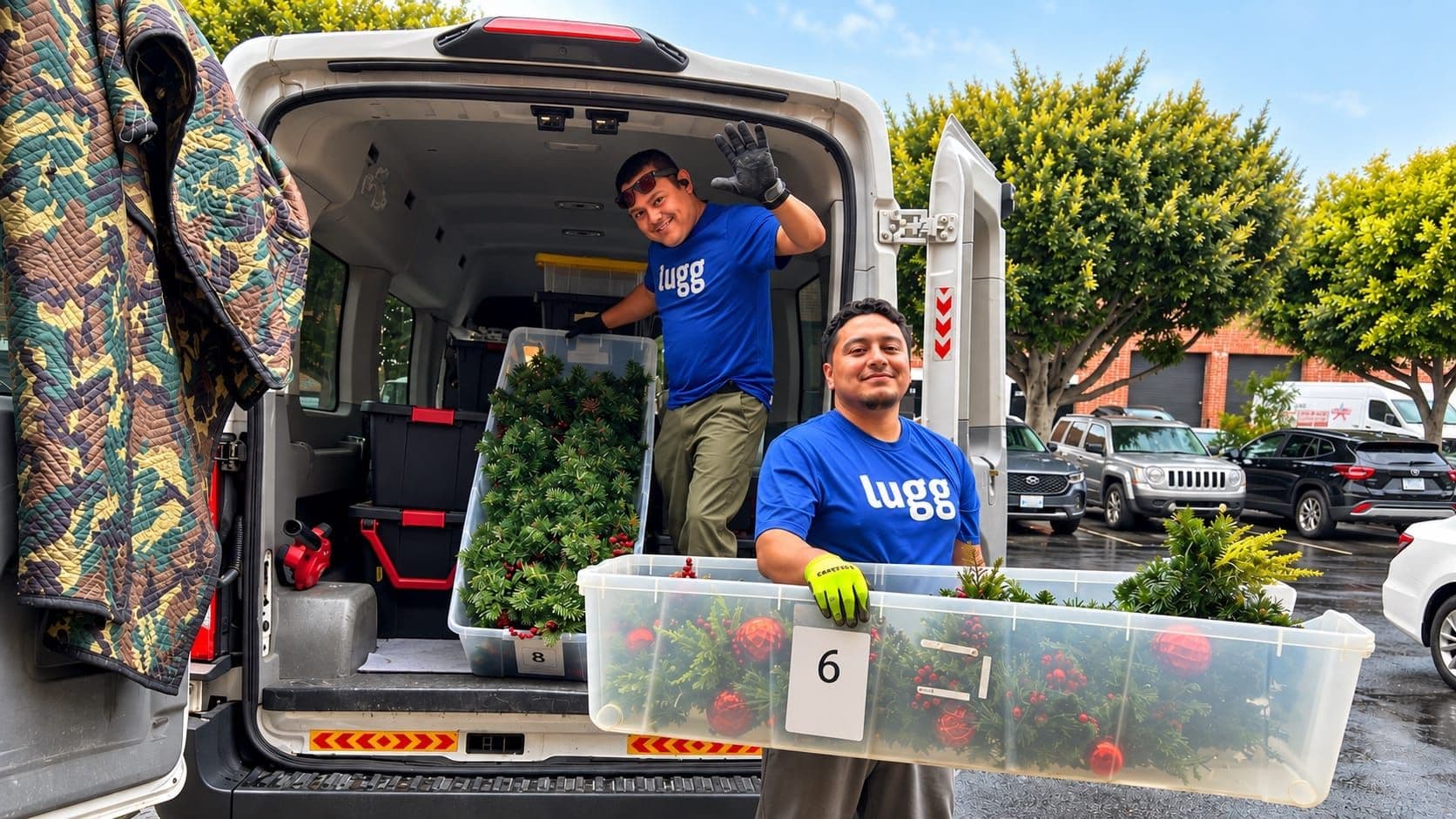 Two Luggers unload Christmas decorations from a cargo van for a holiday moving job.