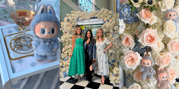 1) a Labubu wearing diamond jewelry 2) Anna Zuckerman, Kyle Richards, and Kathy Hilton posing in front of the claw machine 3) a rose arch decorated with Labubu plush toys.