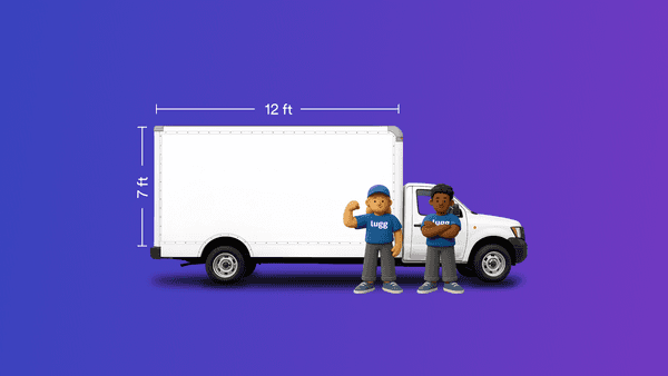 Lugg Box 12-foot by 7-foot box truck with two professional Lugg movers standing in front, demonstrating the standard truck dimensions for Lugg’s same-day moving service.