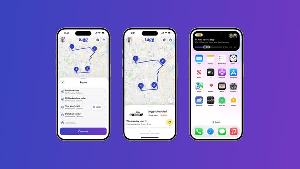 Three iPhone screens showing Lugg’s new Multiple Stops flow: adding several stops, viewing the optimized route on the map, and seeing live trip info in the Dynamic Island.