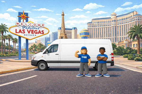 Lugg movers standing in front of a moving truck near the Welcome to Las Vegas sign, representing on-demand moving and delivery in Las Vegas.