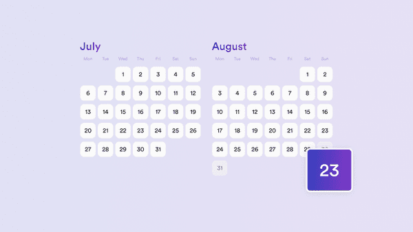 A two-month calendar — July and August — with the date August 23 lifting out of the grid, illustrating Lugg's new 60-day advance booking window.