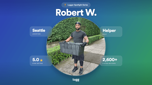Robert W., a five-star Lugg helper in Seattle, holds a black moving tote on a sidewalk — Lugger Spotlight Series graphic.